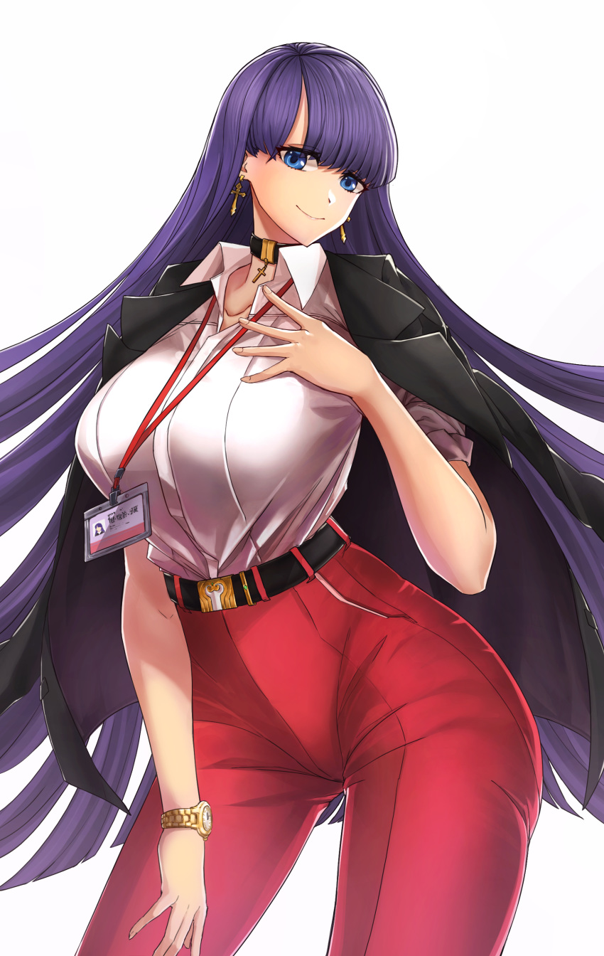1girl absurdres bangs belt black_jacket blue_eyes blunt_bangs breasts casul choker closed_mouth collared_shirt dress_shirt earrings fate/grand_order fate_(series) highres id_card jacket jacket_on_shoulders jewelry lanyard large_breasts long_hair looking_at_viewer office_lady open_clothes open_jacket pants purple_hair red_pants saint_martha shirt simple_background sleeves_rolled_up smile watch watch white_shirt