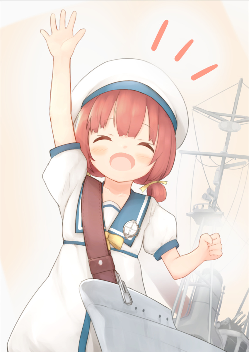 1girl arm_up bangs blue_sailor_collar blush centi_mnkt closed_eyes dress hair_ribbon hair_rings hat highres kaiboukan_no._4_(kantai_collection) kantai_collection notice_lines open_mouth redhead ribbon rigging sailor_collar sailor_dress short_hair short_sleeves simple_background solo
