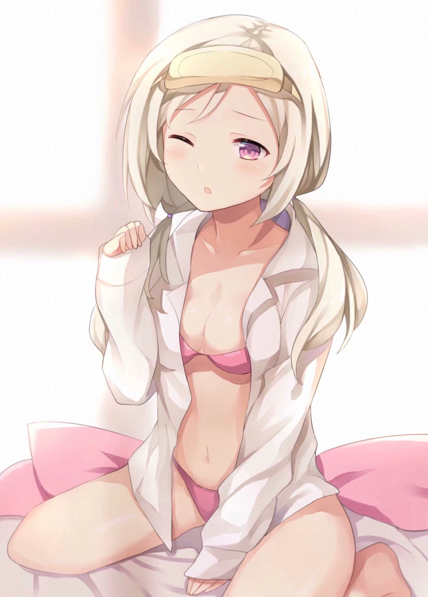 1girl blonde_hair bra breasts feng_mao_mc highres long_hair medium_breasts navel one_eye_closed original pajamas panties pink_bra pink_eyes pink_panties solo underwear