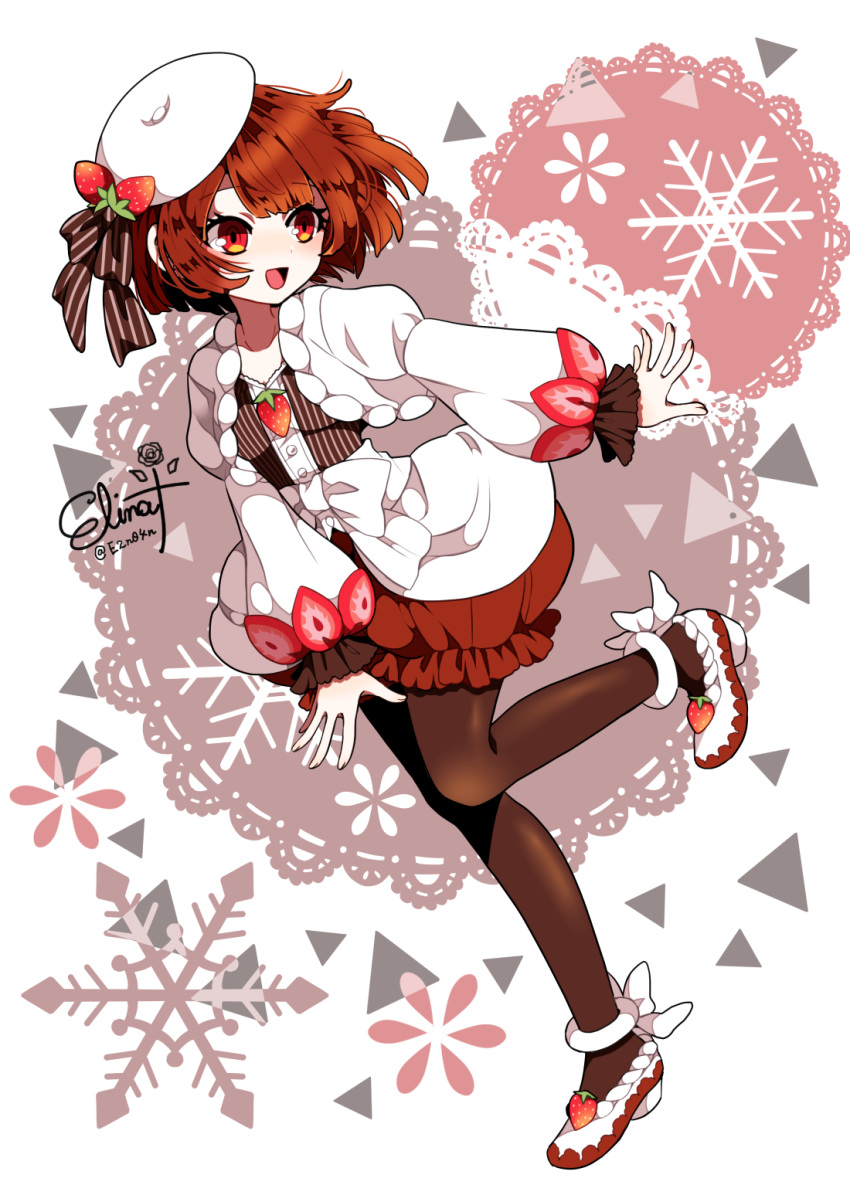 1girl artist_name black_legwear bloomers brown_hair buttons commentary_request dress eyebrows_visible_through_hair food fruit hat hat_ribbon highres jewelry long_sleeves looking_to_the_side murasaki_daidai_etsuo necklace open_mouth original pantyhose red_eyes ribbon running shoes short_hair smile snowflake_background solo strawberry twitter_username underwear white_dress white_footwear white_headwear