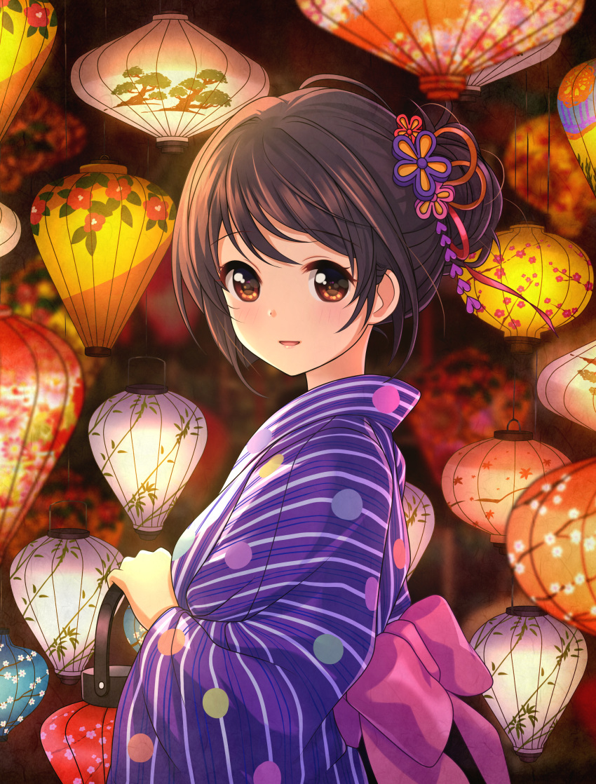 1girl absurdres bangs bikini blush bow brown_eyes brown_hair catbell commentary_request eyebrows_visible_through_hair hair_bun hair_ornament highres holding japanese_clothes kimono lantern long_sleeves looking_at_viewer looking_to_the_side original paper_lantern parted_lips pink_bow purple_kimono smile solo striped swimsuit upper_body vertical-striped_bikini vertical_stripes wide_sleeves