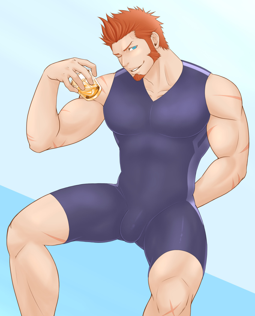 1boy abs alcohol arm_behind_back bara beard blue_eyes brown_hair bulge chest commentary_request drink facial_hair fate/grand_order fate_(series) highres ice ice_cube looking_at_viewer male_focus male_swimwear muscle napoleon_bonaparte_(fate/grand_order) nipples one_eye_closed pectorals porkjinta scar simple_background smile solo swim_briefs swimwear upper_body whiskey wrestling_outfit