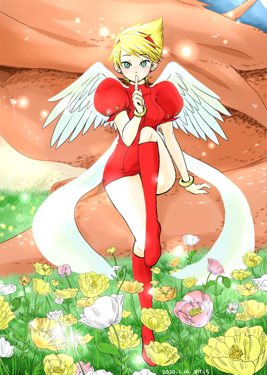 1girl angel_wings blonde_hair blue_eyes boots bracelet breasts breath_of_fire breath_of_fire_iii dress finger_to_mouth flower hairband highres jewelry knee_boots legs looking_at_viewer nina_(breath_of_fire_iii) puffy_sleeves short_hair shushing solo white_wings wings