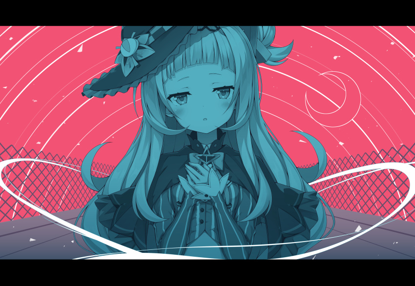 1girl :o absurdres bangs blue_theme blush breasts capelet chain-link_fence crescent crop_top fence frilled_hat frills hair_bun hands_together hands_up hat highres hololive letterboxed long_hair long_sleeves looking_at_viewer murasaki_shion own_hands_together parted_lips red_background sasakura_momiji shirt side_bun sleeves_past_wrists small_breasts solo star_(symbol) striped striped_shirt tilted_headwear upper_body vertical-striped_shirt vertical_stripes very_long_hair virtual_youtuber witch_hat