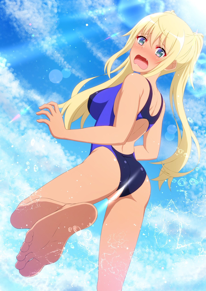 1girl ass barefoot blonde_hair blue_eyes blue_sky blue_swimsuit blush clouds commentary_request competition_swimsuit dutch_angle from_behind highres lens_flare long_hair looking_at_viewer looking_back one-piece_swimsuit open_mouth original running shirouzu_myuuta sky solo splashing swimsuit wavy_mouth