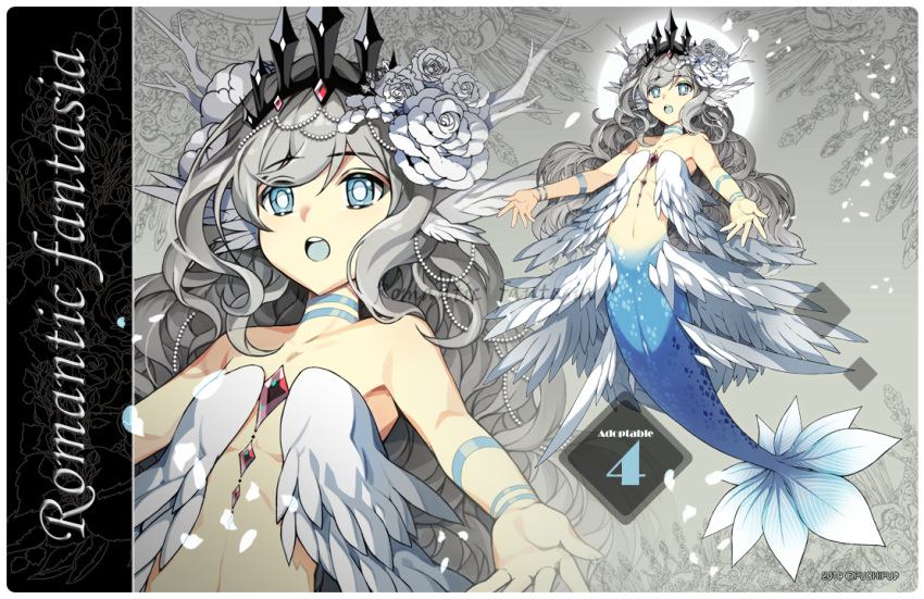 1girl :o bangs bare_shoulders blue_eyes eyebrows_visible_through_hair flower grey_hair hair_between_eyes hair_flower hair_ornament navel open_mouth original puchipu rose round_teeth solo teeth tiara upper_teeth white_flower white_rose zoom_layer