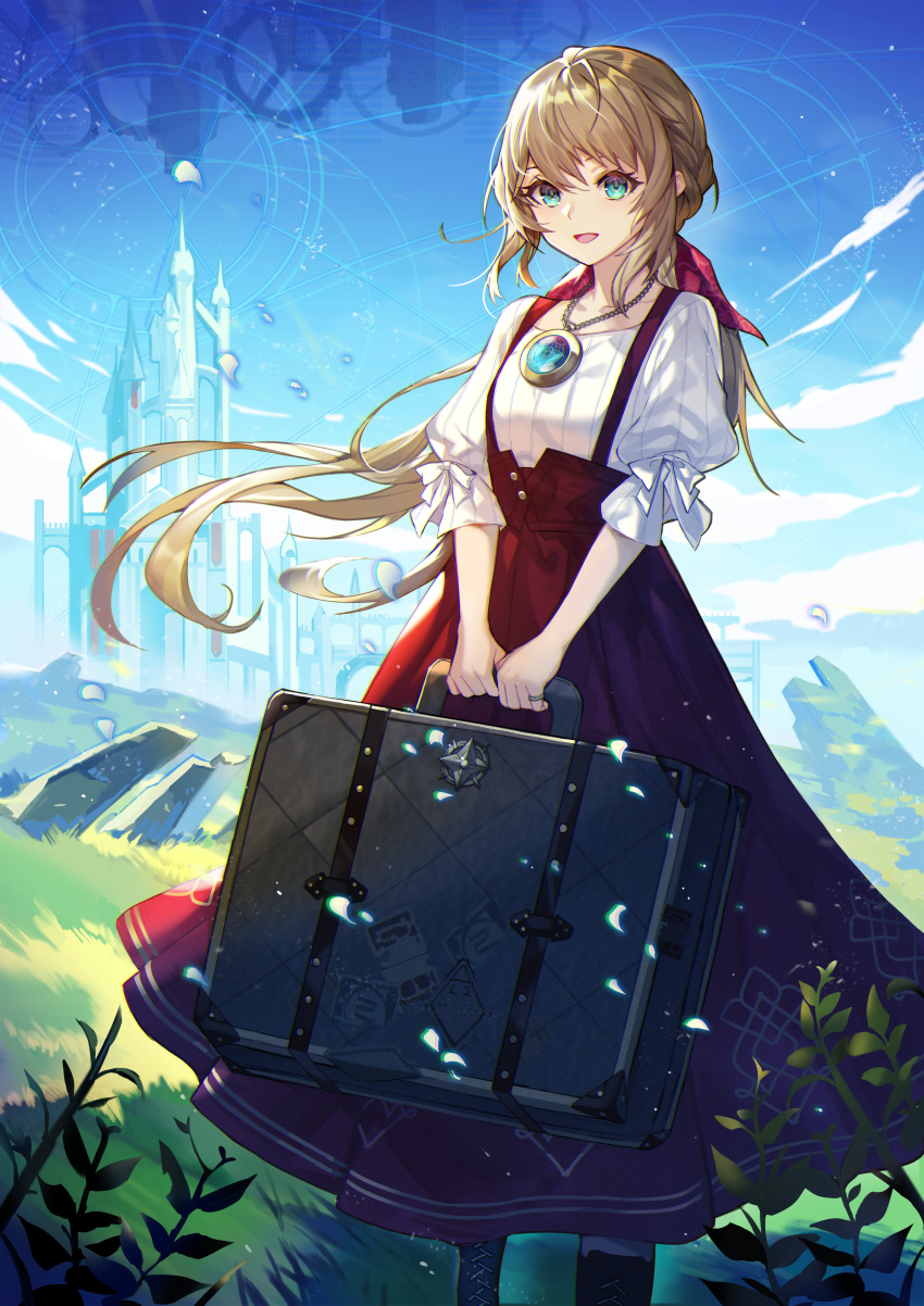 1girl :d absurdres aqua_eyes bangs blonde_hair blue_sky castle clouds collarbone commentary dress elran fantasy grass hair_blowing hair_ribbon highres holding holding_suitcase huge_filesize jewelry long_hair necklace open_mouth original outdoors petals red_dress ribbon shirt sidelocks sky smile solo standing stone suitcase white_shirt