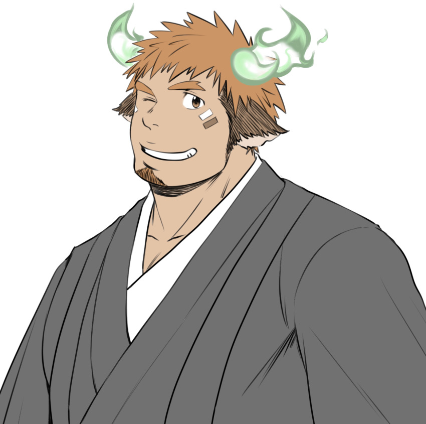 1boy alternate_costume animal_ears bangs beard brown_hair facial_hair forked_eyebrows glowing_horns highres horns japanese_clothes kimono looking_at_viewer male_focus one_eye_closed porkjinta smile solo thick_eyebrows tokyo_houkago_summoners upper_body wakan_tanka white_background