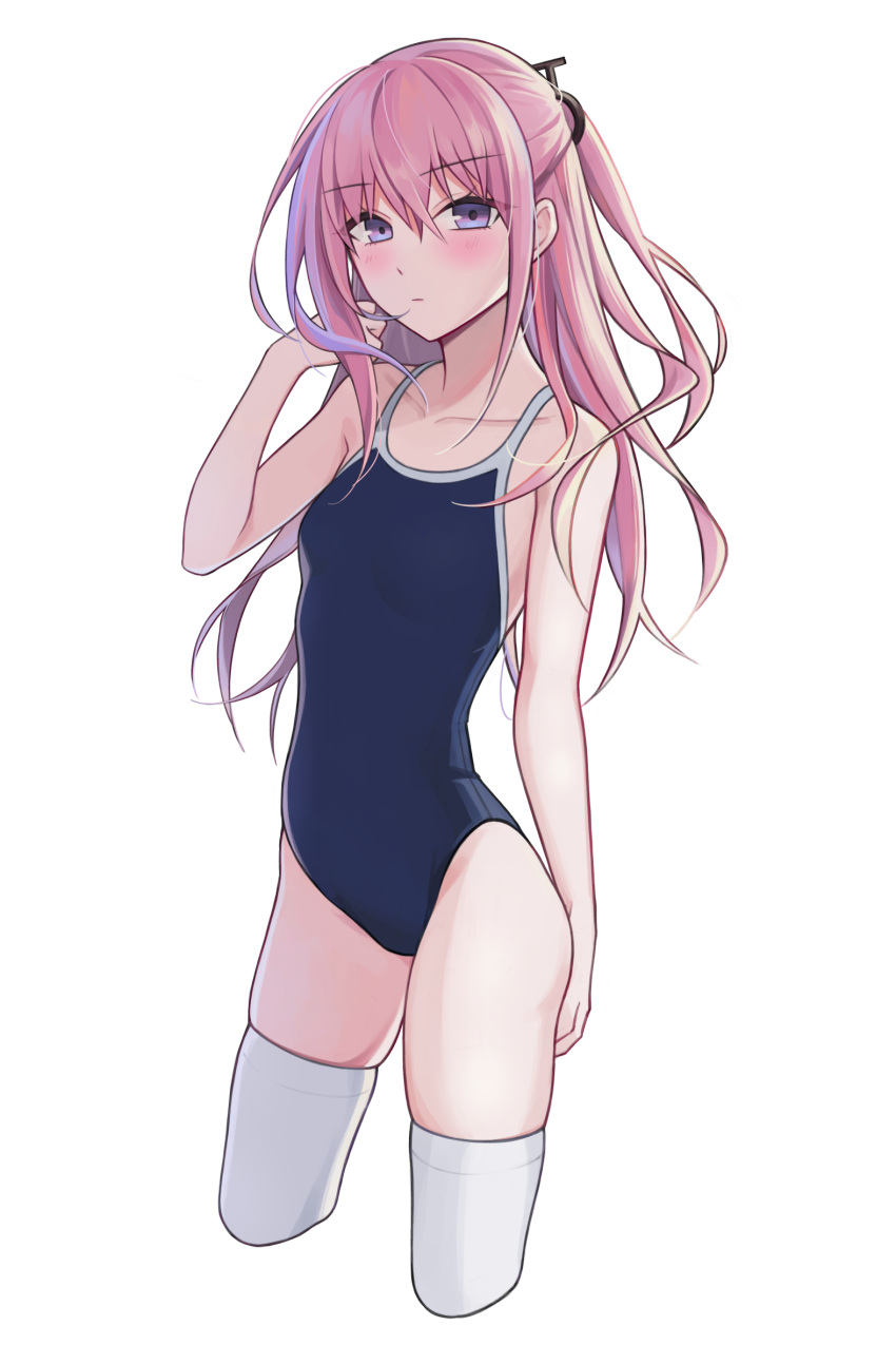 1girl barrette blue_swimsuit blush breasts collarbone eyebrows_visible_through_hair girls_frontline hair_between_eyes hair_ribbon hand_in_hair highres long_hair looking_at_viewer pink_hair qb_516 ribbon small_breasts solo st_ar-15_(girls_frontline) swimsuit thigh-highs violet_eyes white_background white_legwear