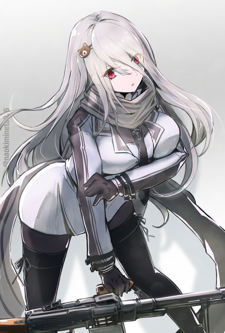 1girl artist_name barrette black_footwear black_gloves black_legwear black_neckwear boots breasts crossed_arms eyebrows_visible_through_hair girls_frontline gloves grey_background grey_scarf hair_between_eyes highres jacket large_breasts leaning_forward long_hair looking_at_viewer mineta_naoki necktie pantyhose pk_(girls_frontline) red_eyes scarf silver_hair solo