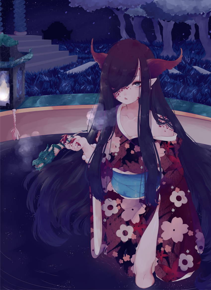 1girl absurdres claws floral_print grass grey_eyes hair_over_one_eye highres horns japanese_clothes kimono kiseru lantern looking_at_viewer mole mole_under_eye night obi outdoors pipe pointy_ears red_kimono sash scales stairs tree wading waifubot water wide_sleeves