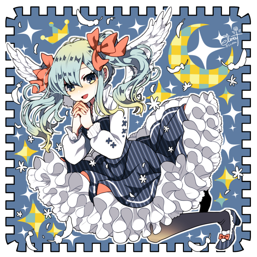 1girl angel angel_wings artist_name black_legwear blue_eyes bow commentary_request crescent_moon dress feathered_wings feathers frilled_dress frills hair_ribbon hands_clasped high_collar long_hair long_sleeves moon murasaki_daidai_etsuo open_mouth original own_hands_together pinstripe_dress pinstripe_pattern red_ribbon ribbon shoe_bow shoes silver_hair smile solo sparkle striped twintails twitter_username wings