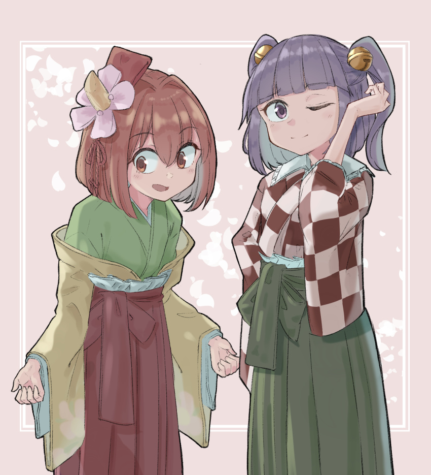 2girls 5alive bangs bell blunt_bangs brown_eyes brown_hair closed_mouth commentary_request cosplay costume_switch eyebrows_visible_through_hair flower hair_bell hair_between_eyes hair_flower hair_ornament hakama hieda_no_akyuu highres japanese_clothes kimono long_sleeves looking_at_viewer motoori_kosuzu multiple_girls open_mouth purple_hair short_twintails smile standing touhou twintails violet_eyes wide_sleeves