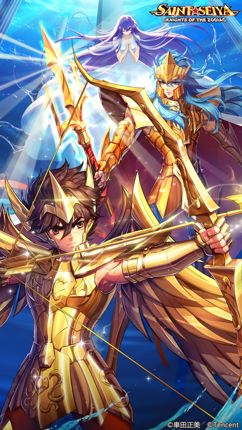 1girl 2boys arrow athena_(saint_seiya) blue_eyes blue_hair bow_(weapon) bow_and_arrow bronze_saint brown_eyes brown_hair cape eyes_closed floating_hair full_armor gold_saint golden_armor greek_columns han-0v0 helmet highres julian_solo kido_saori logo long_hair mobile_wallpaper pegasus_seiya poseidon_(saint_seiya) poster praying purple_hair saint_seiya saint_seiya:_awakening serious shining_armor short_hair tiara trident underwater wallpaper water