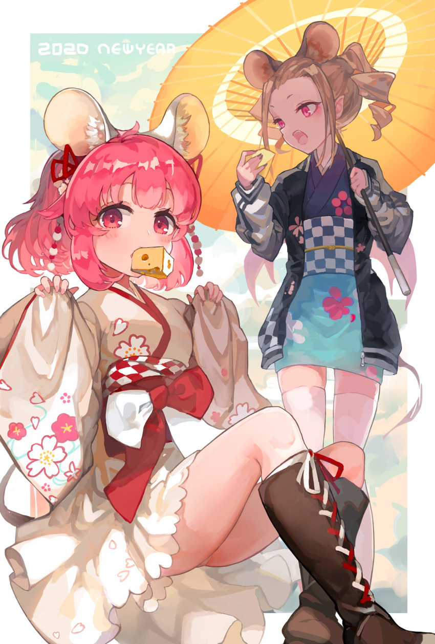 1girl animal_ears bangs black_jacket black_nails blue_kimono boots brown_footwear brown_hair checkered cheese chinese_zodiac commentary_request cross-laced_footwear drill_hair food food_in_mouth forehead highres holding holding_food holding_umbrella jacket japanese_clothes kimono knee_boots knees_up lace-up_boots long_sleeves madaragi mouse_ears mouth_hold nail_polish new_year obi open_clothes open_jacket oriental_umbrella original parted_bangs pinching_sleeves ponytail puffy_long_sleeves puffy_sleeves red_eyes redhead sash sitting sleeves_past_wrists solo standing thigh-highs umbrella v-shaped_eyebrows white_kimono white_legwear wide_sleeves year_of_the_rat yellow_umbrella