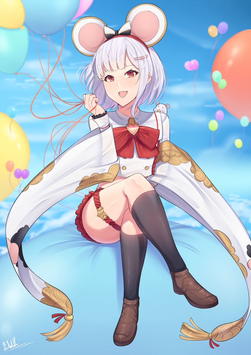 1girl :d absurdres animal_ears balloon band-width black_legwear blue_sky bow brown_footwear clouds crossed_legs double-breasted full_body granblue_fantasy hair_bow hair_ornament hairband hairclip highres holding holding_balloon loafers long_sleeves looking_at_viewer miniskirt mouse_ears open_mouth red_eyes shirt shoes sitting skirt sky smile socks solo vikala_(granblue_fantasy) white_shirt