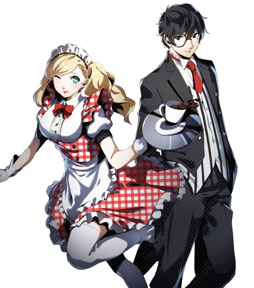 1boy 1girl amamiya_ren apron black_hair blonde_hair blue_eyes breasts butler cup formal gloves highres long_hair looking_at_viewer maid maid_apron maid_headdress nakano_maru necktie one_eye_closed persona persona_5 short_hair smile suit takamaki_anne teacup twintails unmoving_pattern waist_apron