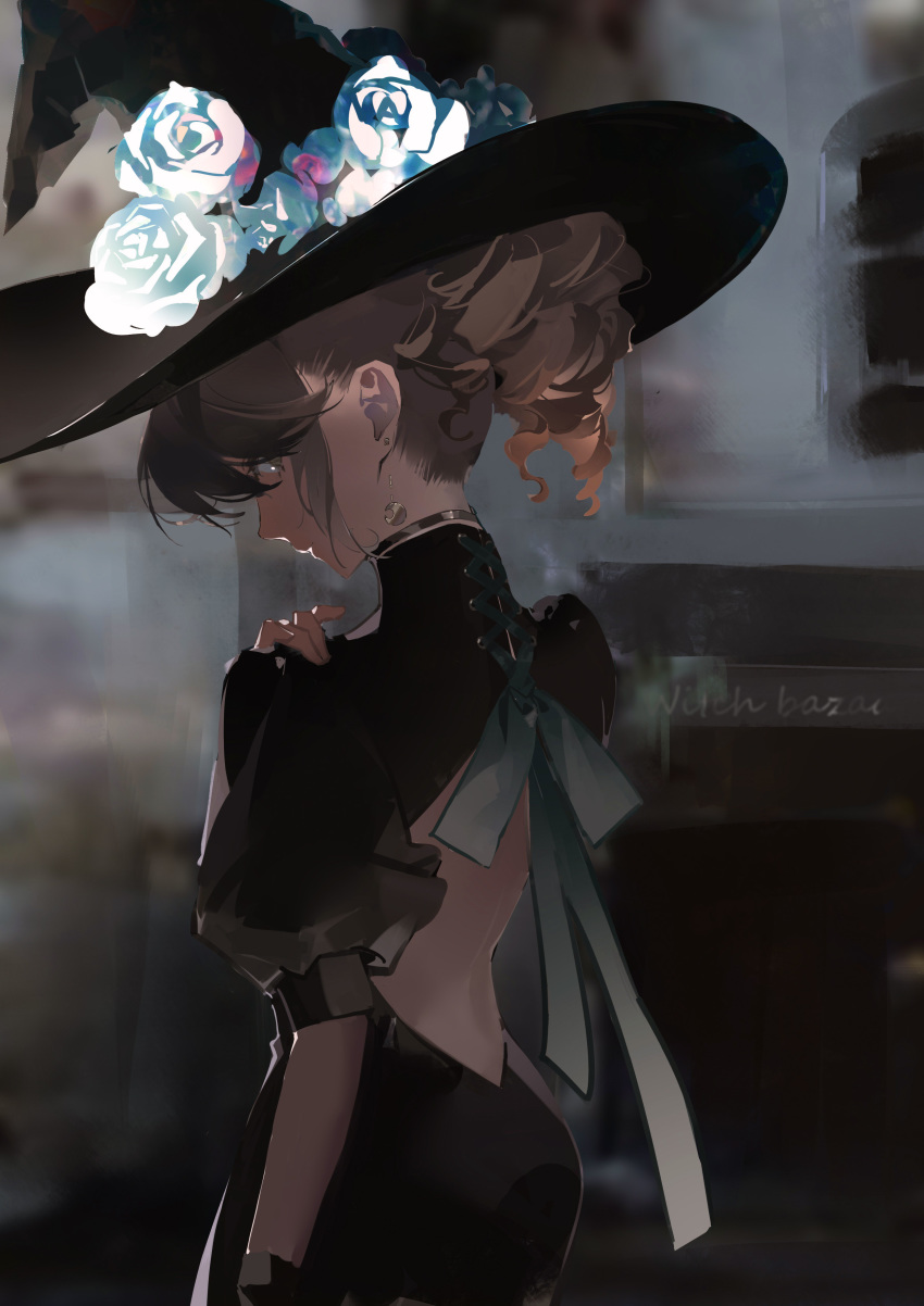 1girl absurdres back back_cutout black_headwear brown_eyes brown_hair drill_hair earrings flower hat hat_flower highres jewelry looking_back medium_hair original puffy_sleeves rose signature single_earring solo soungruan_mian_mao turtleneck white_flower white_rose witch witch_hat