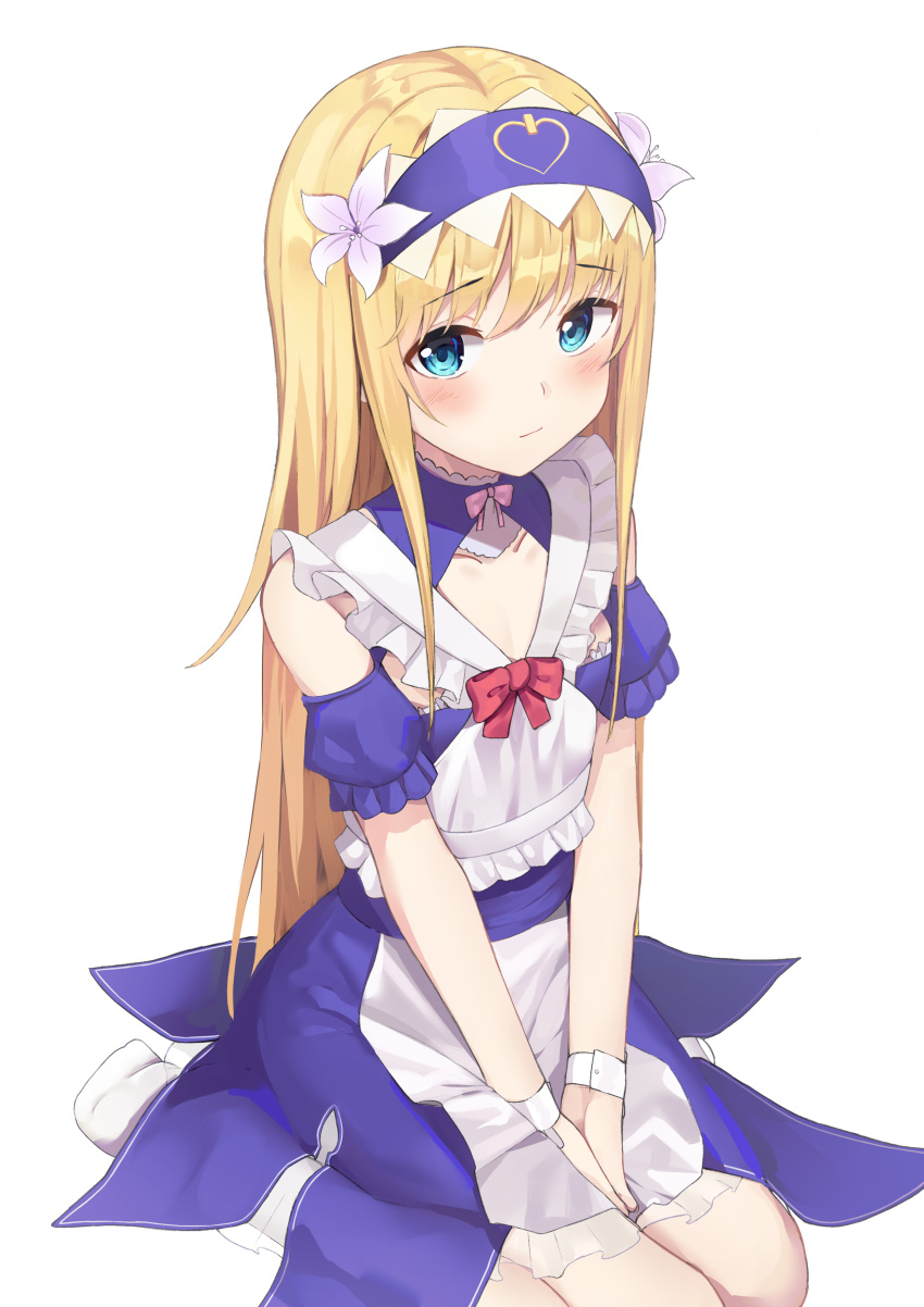 1other absurdres apron bangs between_legs blonde_hair blue_eyes blush bow chevalier_d'eon_(fate/grand_order) closed_mouth commentary_request detached_sleeves dress eyebrows_visible_through_hair fate/grand_order fate_(series) flower hair_between_eyes hair_flower hair_ornament hairband hand_between_legs highres hwanhee long_hair looking_at_viewer no_shoes puffy_short_sleeves puffy_sleeves purple_dress purple_hairband purple_sleeves red_bow short_sleeves simple_background sitting sleeveless sleeveless_dress socks solo very_long_hair waist_apron wariza white_apron white_background white_flower white_legwear