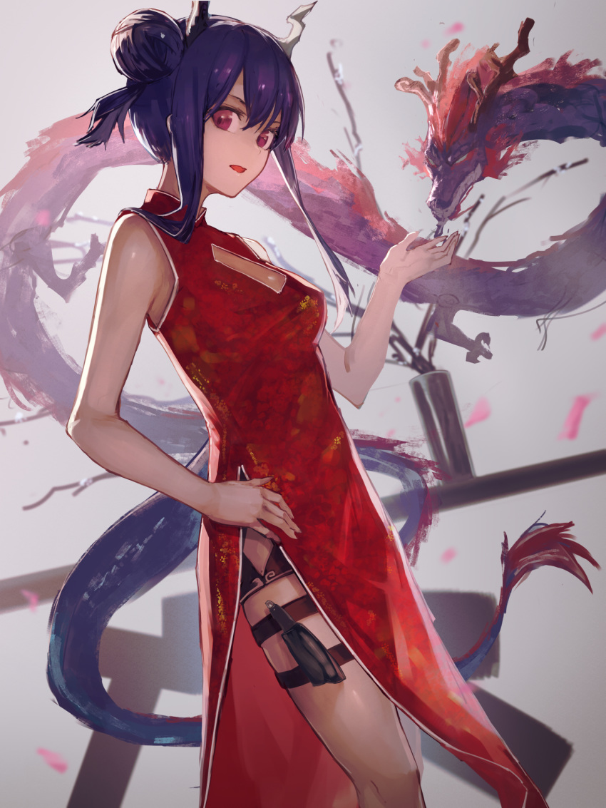 1girl aito arknights bangs bare_arms bare_shoulders blue_hair breasts ch'en_(arknights) china_dress chinese_clothes cleavage_cutout commentary_request dragon dragon_horns dragon_tail dress eastern_dragon grey_background hair_bun hand_up highres horns long_hair looking_at_viewer open_mouth red_dress red_eyes side_slit sidelocks sleeveless sleeveless_dress small_breasts solo standing tail thighs