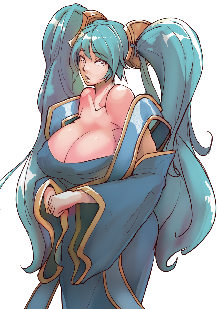 1girl absurdres aqua_hair bare_shoulders breasts collarbone covered_nipples detached_sleeves eyebrows_visible_through_hair grey_eyes hair_between_eyes highres large_breasts league_of_legends long_hair long_sleeves looking_at_viewer parted_lips puzenketsu shiny shiny_skin simple_background solo sona_buvelle standing twintails white_background wide_sleeves