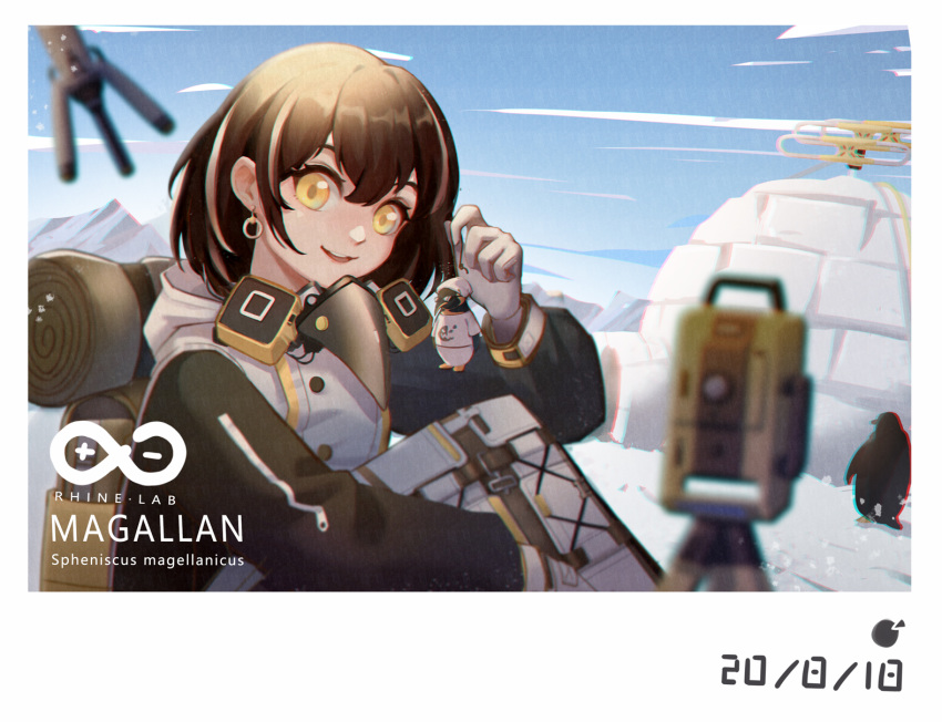 1girl :d arknights backpack bag bangs brown_hair camill character_name chromatic_aberration commentary_request drone gloves hair_between_eyes highres igloo jacket keychain long_sleeves looking_at_viewer magallan_(arknights) multicolored_hair open_mouth partial_commentary raglan_sleeves rhine_lab_logo short_hair smile snow_shelter solo streaked_hair the_emperor_(arknights) upper_body white_gloves white_hair white_jacket yellow_eyes