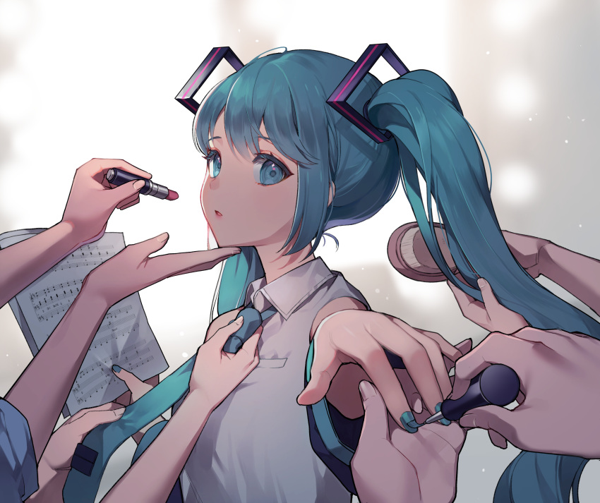 1girl absurdres adjusting_clothes adjusting_necktie azit_(down) black_sleeves blue_eyes blue_hair blue_nails blue_neckwear blurry blurry_background brushing_another's_hair collared_shirt commentary_request depth_of_field detached_sleeves hair_brush hatsune_miku highres holding holding_brush holding_lipstick_tube lipstick_tube long_hair long_sleeves nail_polish necktie out_of_frame parted_lips sheet_music shirt sleeveless sleeveless_shirt solo_focus tie_clip twintails upper_body vocaloid white_shirt wide_sleeves