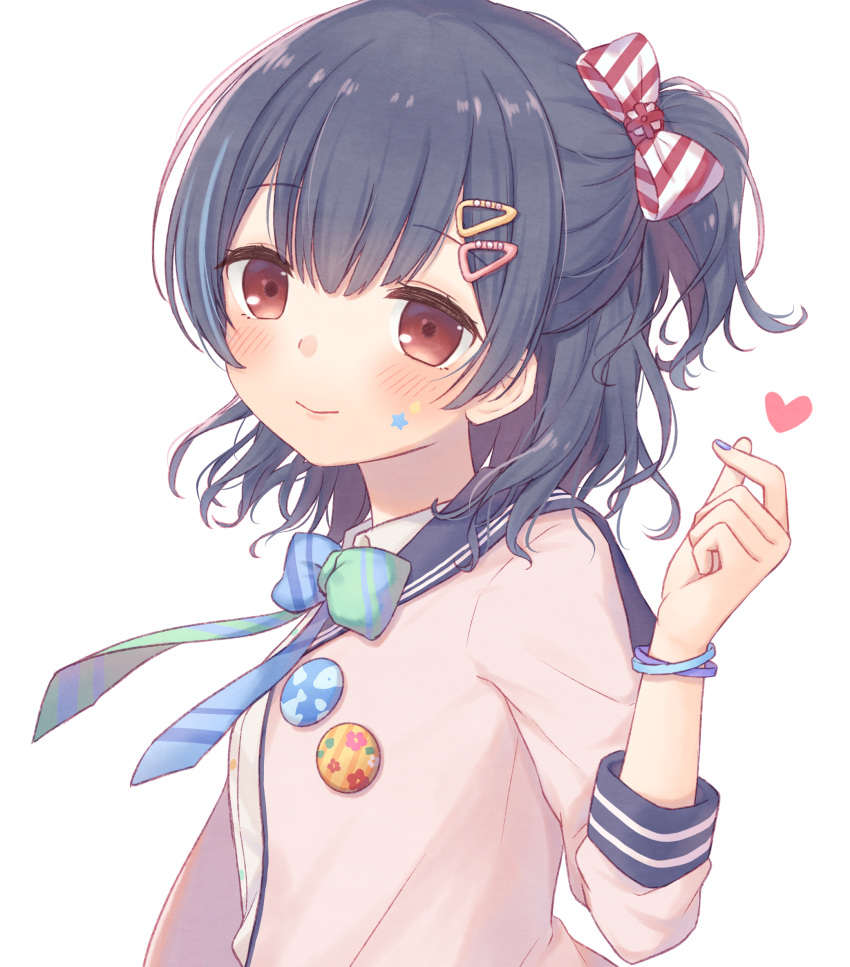 1girl bangs black_hair black_sailor_collar blue_bow blue_nails blush bow brown_eyes closed_mouth collared_shirt commentary_request diagonal_stripes dress_shirt eyebrows_visible_through_hair facial_mark green_bow grey_jacket hair_bow hair_ornament hairclip hand_up heart highres idolmaster idolmaster_shiny_colors jacket kazane_mari long_sleeves looking_at_viewer morino_rinze nail_polish one_side_up open_clothes open_jacket sailor_collar school_uniform shirt simple_background smile solo star_(symbol) striped striped_bow upper_body white_background white_shirt