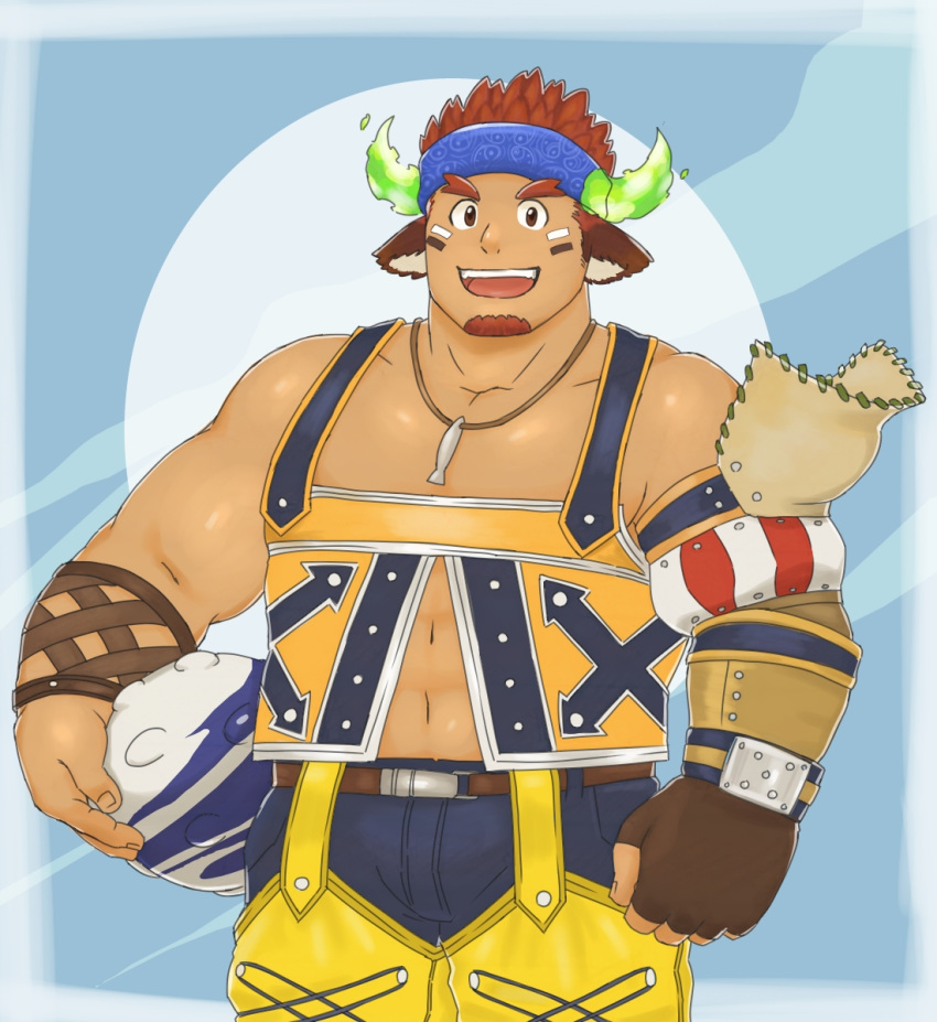 1boy animal_ears bangs bara brown_hair chest crossover facial_hair final_fantasy final_fantasy_x forked_eyebrows glowing_horns highres horns looking_at_viewer male_focus manly muscle pectorals simple_background smile solo thick_eyebrows tokyo_houkago_summoners upper_body wakan_tanka wakka wakka_(final_fantasy_cosplay) yanutorie