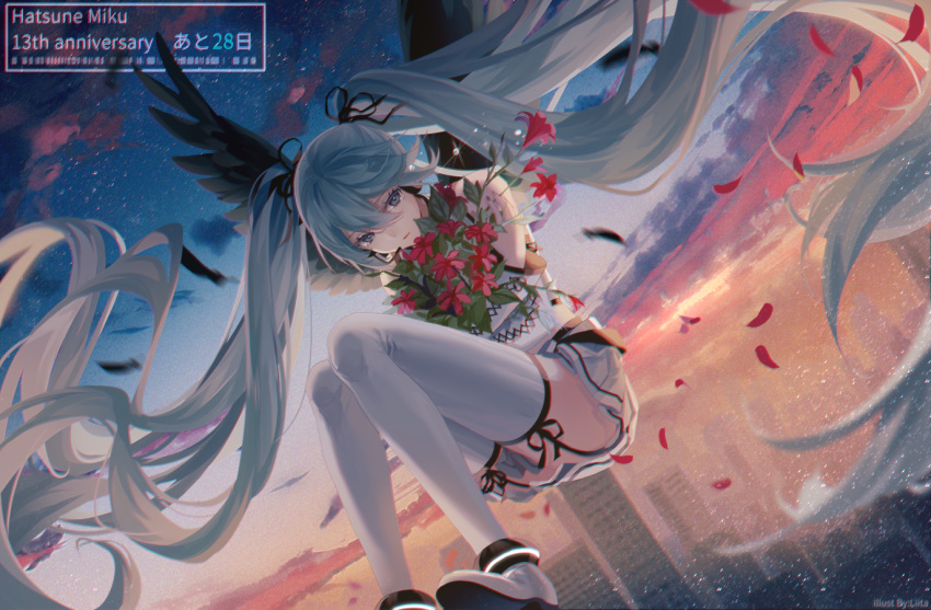 1girl aile_d'ange_(module) aqua_eyes aqua_hair black_ribbon black_wings bouquet building character_name cityscape commentary dutch_angle falling_petals feathered_wings floating flower hair_ribbon hatsune_miku holding holding_bouquet knees_up long_hair miniskirt parted_lips petals pleated_skirt project_diva_(series) red_flower ribbon shirt skirt skyscraper solo tears twilight twintails very_long_hair vocaloid voice_(vocaloid) white_legwear white_shirt white_skirt wings yamiluna39