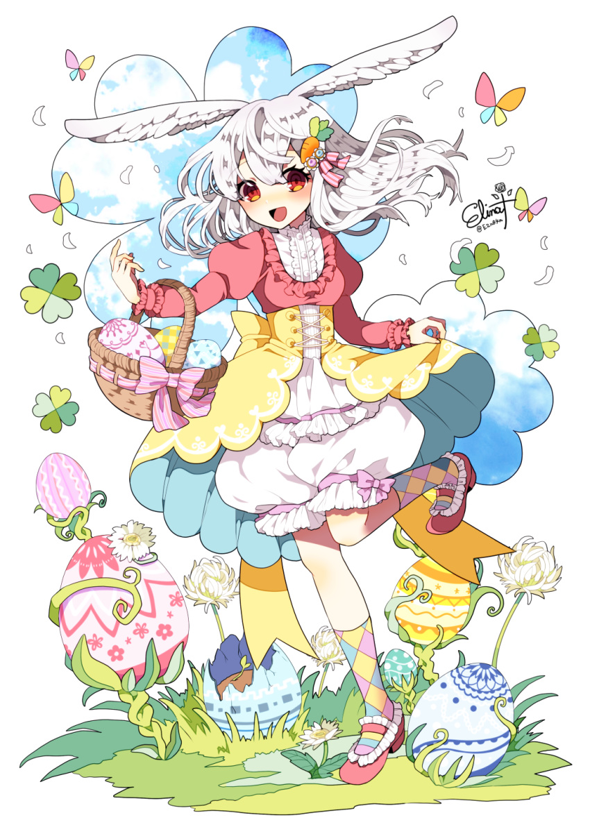1girl animal_ears apron argyle argyle_legwear artist_name basket bloomers bow bug bunny_girl butterfly carrot_hair_ornament clover commentary_request easter easter_egg egg flower food_themed_hair_ornament four-leaf_clover frills grass hair_ornament highres insect juliet_sleeves long_hair long_sleeves murasaki_daidai_etsuo open_mouth original pink_bow puffy_sleeves rabbit_ears red_eyes red_footwear red_shirt shirt smile socks standing standing_on_one_leg twitter_username underwear waist_apron white_apron white_background white_hair