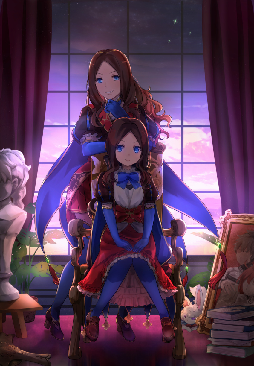 2girls arm_rest armchair backlighting bangs blue_bow blue_eyes blue_gloves blue_legwear blue_neckwear book_stack bow bowtie brown_footwear brown_hair chair clouds commentary_request creature curtains dual_persona dusk fate/grand_order fate_(series) figure forehead fou_(fate/grand_order) frilled_skirt frilled_sleeves frills fujimaru_ritsuka_(female) fujimaru_ritsuka_(male) full_body glint gloves glowing grin hand_on_own_chin hands_on_own_thighs high_heels highres hsin indoors knees_together_feet_apart leonardo_da_vinci_(fate/grand_order) leonardo_da_vinci_(rider)_(fate) loafers long_hair long_skirt looking_at_viewer multiple_girls night on_chair painting_(object) parted_bangs picture_(object) picture_frame plant pleated_skirt portrait_(object) potted_plant puff_and_slash_sleeves puffy_short_sleeves puffy_sleeves red_skirt romani_archaman sculpture shield shoes short_sleeves sidelocks sitting skirt sky smile smirk star_(sky) statue statuette table tassel thigh-highs v-shaped_eyebrows violet_eyes window workshop zettai_ryouiki