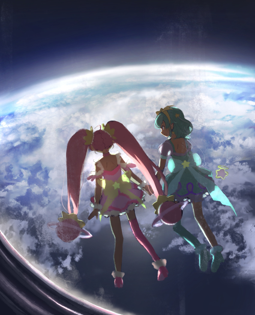 2girls ahoge antennae aqua_eyes aqua_hair back back_bow bow clouds commentary_request cure_milky cure_star dress hagoromo_lala hair_ornament highres holding_hands hoshina_hikaru long_hair looking_at_another magical_girl multiple_girls niizuka_(c-drop) pink_hair planet planet_hair_ornament precure single_thighhigh space star_(symbol) star_hair_ornament star_twinkle_precure thigh-highs twintails very_long_hair