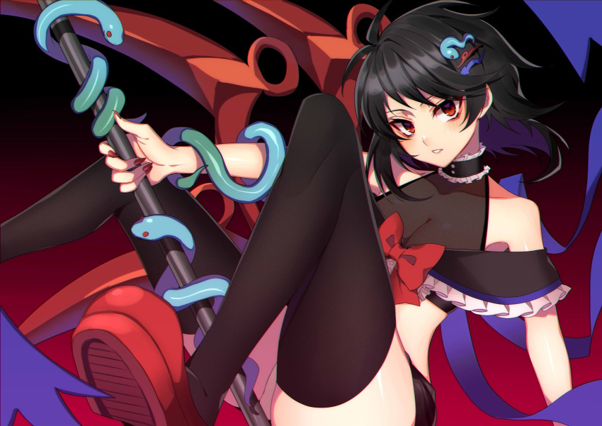 1girl adapted_costume asymmetrical_wings bare_shoulders black_hair black_legwear black_skirt blue_wings breasts hair_ornament highres holding holding_weapon houjuu_nue knees_up kuroshirase long_hair looking_at_viewer medium_breasts microskirt nail_polish panties polearm red_eyes red_footwear red_nails red_wings shoes skirt snake snake_hair_ornament solo thigh-highs touhou trident underwear weapon white_panties wings