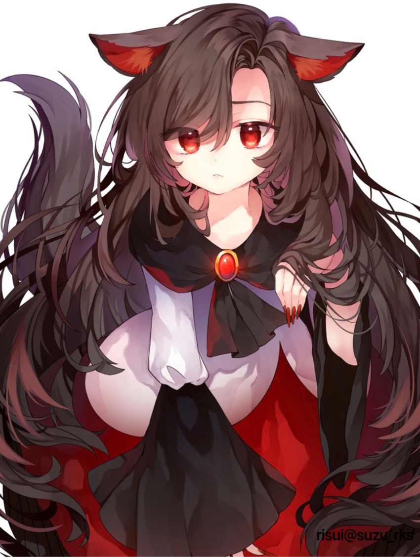 1girl :&lt; absurdres animal_ears brooch brown_hair dress expressionless fingernails highres huge_filesize imaizumi_kagerou jewelry jpeg_artifacts long_fingernails long_hair long_sleeves nail_polish red_eyes red_nails risui_(suzu_rks) sharp_fingernails simple_background solo tail touhou twitter_username very_long_hair white_background wide_sleeves wolf_ears wolf_tail