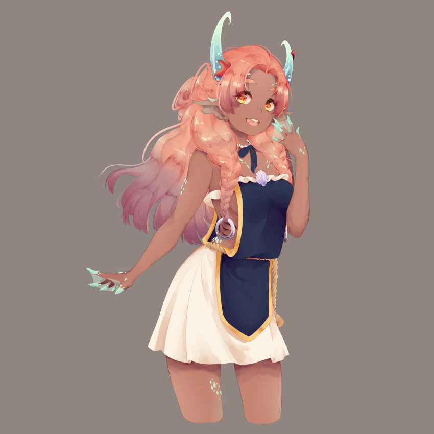 1girl :d absurdres bead_necklace beads braid brown_eyes claws concept_art copyright_request dark_skin grey_background hair_ornament hand_up highres horns jewelry long_hair necklace open_mouth pink_hair pointy_ears seashell shell skirt smile standing twin_braids waifubot white_skirt