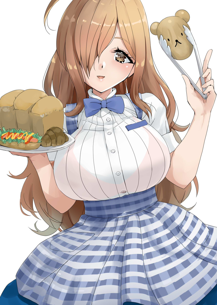 1girl ahoge alternate_costume apron bangs bear_head blue_bow blue_neckwear blue_skirt blush bow bowtie bra_through_clothes bralines bread breasts brown_eyes brown_hair buttons commentary_request cowboy_shot food hair_over_one_eye hands_up highres holding holding_tray kntrs_(knyrs) kono_subarashii_sekai_ni_shukufuku_wo! large_breasts light_brown_hair long_hair looking_at_viewer open_mouth ribbon shirt short_sleeves simple_background skirt smile solo striped suspender_skirt suspenders tongs tray underbust uniform vertical-striped_skirt vertical_stripes waitress white_background white_shirt wiz_(konosuba)