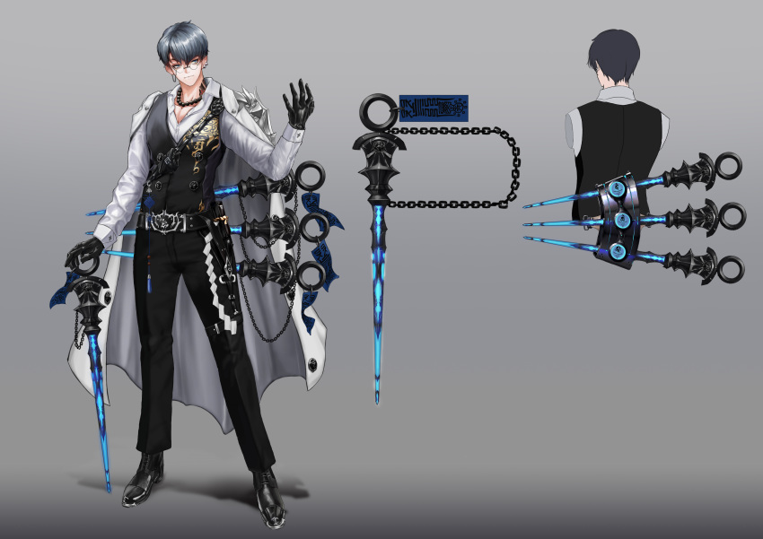 1boy absurdres bead_necklace beads belt belt_buckle black_footwear blue_eyes buckle chain character_sheet closed_mouth coat coat_on_shoulders earrings glasses gloves glowing gradient gradient_background grey_hair highres holding holding_weapon jewelry male_focus neck_tattoo necklace original panamuru pouch solo standing talisman tattoo weapon white_coat white_gloves