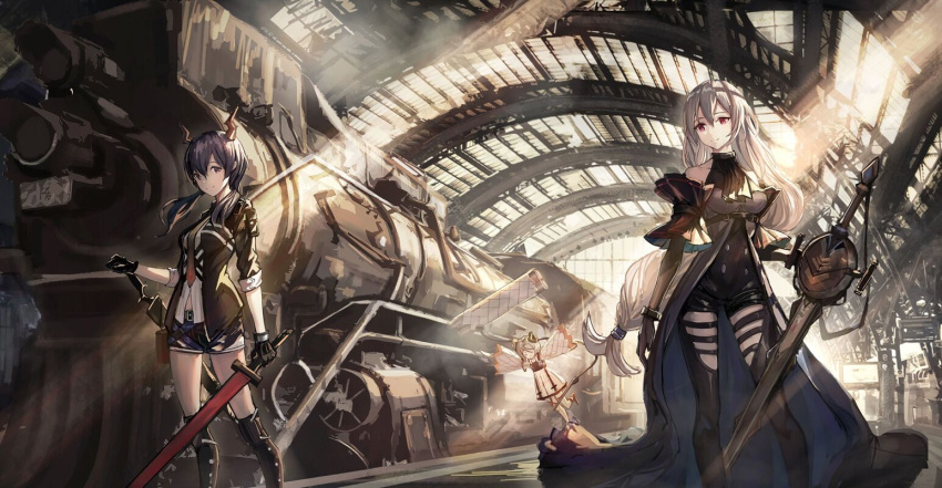 3girls arknights ch'en_(arknights) demon_horns dragon_horns dragon_tail elite_ii_(arknights) gloves ground_vehicle hat horns ifrit_(arknights) locomotive multiple_girls running ruru-chan skadi_(arknights) sword tail train train_station tripping twilight weapon zweihander