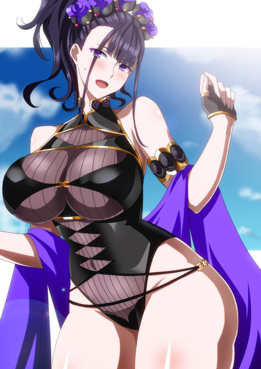 1girl absurdres armband bangs bare_shoulders black_gloves black_swimsuit blue_sky blush breasts covered_navel fate/grand_order fate_(series) fingerless_gloves flower gloves hair_flower hair_ornament half_gloves hera_(hara0742) highleg highleg_swimsuit highres large_breasts long_hair looking_at_viewer murasaki_shikibu_(fate) murasaki_shikibu_(swimsuit_rider)_(fate) one-piece_swimsuit open_mouth purple_hair shawl shiny shiny_skin sky smile swimsuit thighs tied_hair violet_eyes