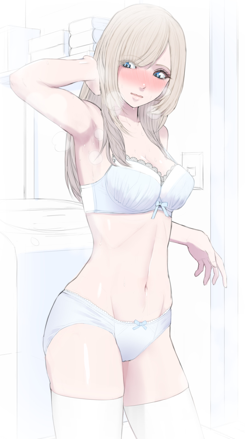 1girl arm_up armpits blonde_hair blue_bra blue_eyes blue_panties blush bra breasts cowboy_shot eyebrows_visible_through_hat hand_behind_head highres hyoshiki indoors light_switch medium_breasts navel original panties parted_lips solo stomach thigh-highs underwear underwear_only washing_machine wet white_legwear