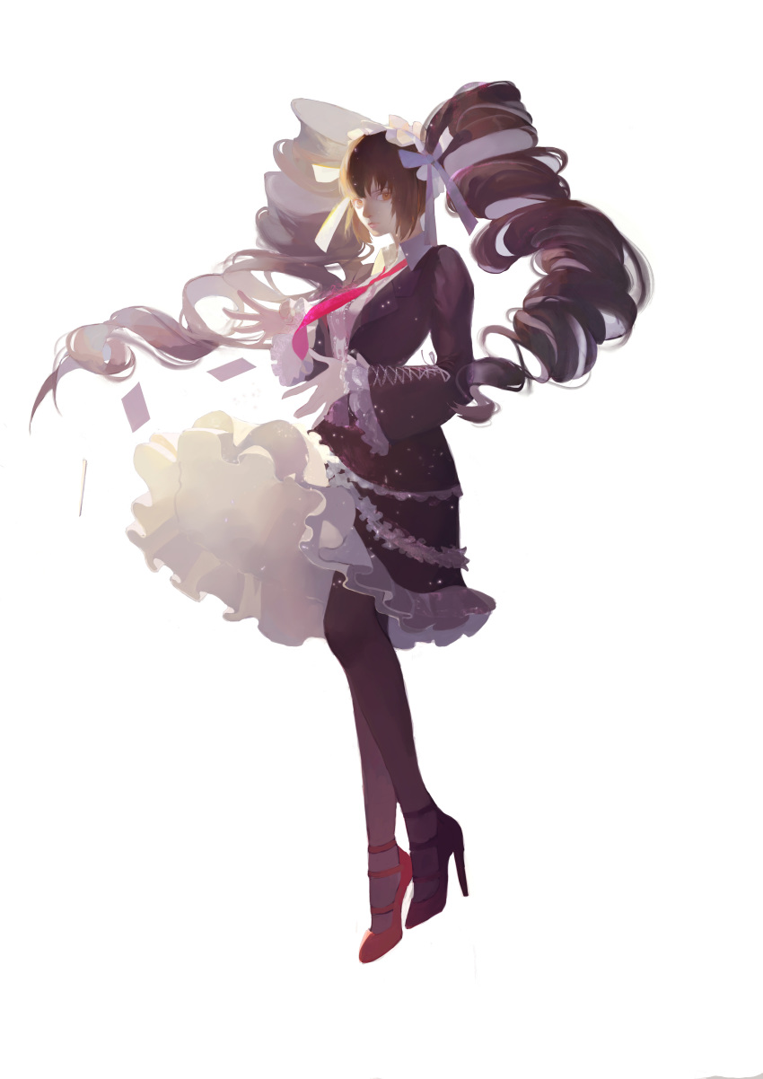 1girl absurdres black_dress black_hair brown_eyes card celestia_ludenberck closed_mouth dangan_ronpa dangan_ronpa_1 dress drill_hair frilled_dress frilled_sleeves frills high_heels highres lipstick long_hair makeup necktie pink_lips red_footwear red_neckwear simple_background solo soungruan_mian_mao twintails very_long_hair white_background