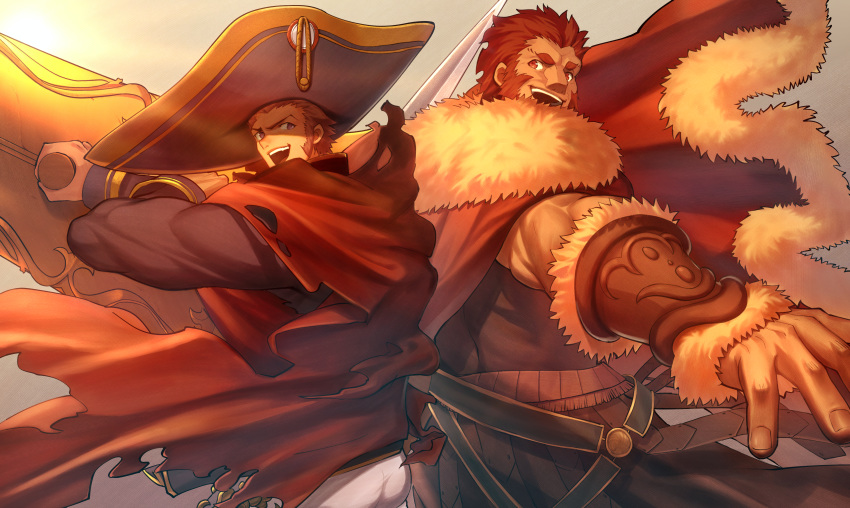 2boys absurdres armor back-to-back beard belt blue_eyes brown_hair cannon cape collar commission commissioner_upload couple dark_skin dark_skinned_male day dynamic_pose epaulettes facial_hair fate/grand_order fate/zero fate_(series) fighting_stance from_side fur_trim goatee highres holding huge_filesize huge_weapon iskandar_(fate) large_hat leather light long_sleeves male_focus military military_uniform moto_(otemoto02) multiple_boys muscle napoleon_bonaparte_(fate/grand_order) open_mouth outdoors pants red_cape red_eyes redhead short_hair sideburns simple_background skeb_commission smile standing sword tight uniform weapon white_pants wind wind_lift