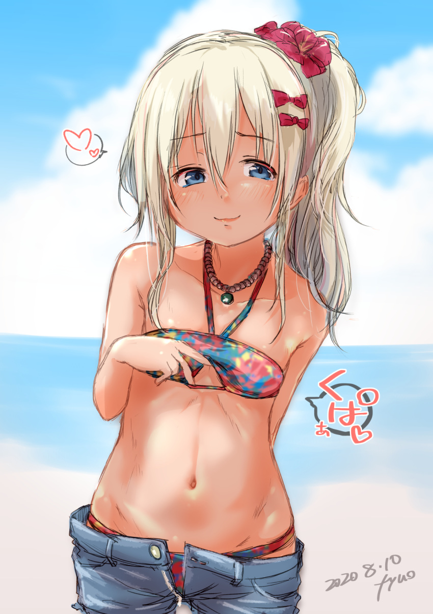 1girl artist_name beach bikini blonde_hair blue_eyes blue_shorts blue_sky clouds commentary_request cowboy_shot dated day denim denim_shorts flat_chest fyuo grecale_(kantai_collection) highres kantai_collection long_hair looking_at_viewer multicolored multicolored_bikini multicolored_clothes navel outdoors shorts side_ponytail sky smile solo swimsuit tan wavy_hair