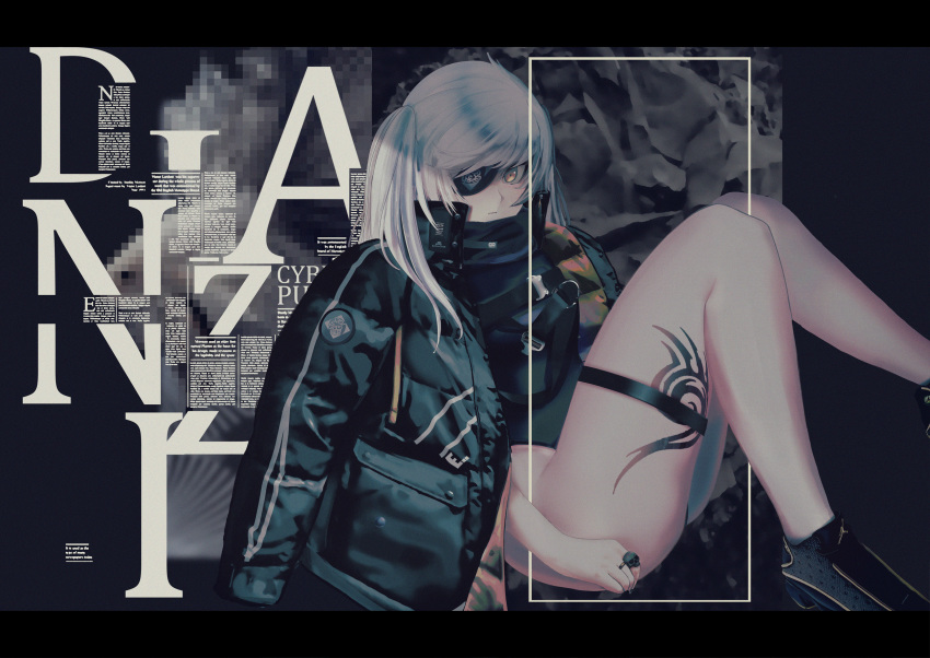 1girl black_eyepatch black_footwear black_jacket black_nails english_text eyepatch fingernails highres jacket jacket_on_shoulders jewelry leg_tattoo long_hair original panamuru ring skull skull_ring solo tattoo thigh_strap twintails white_hair yellow_eyes