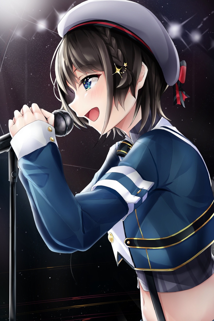 1girl absurdres alternate_costume beret black_hair blue_eyes blue_jacket braid commentary_request eyebrows_visible_through_hair grey_shirt hat highres holding holding_microphone hololive jacket long_sleeves microphone midriff music oozora_subaru open_mouth shirt short_hair singing smile solo suspenders yumemo