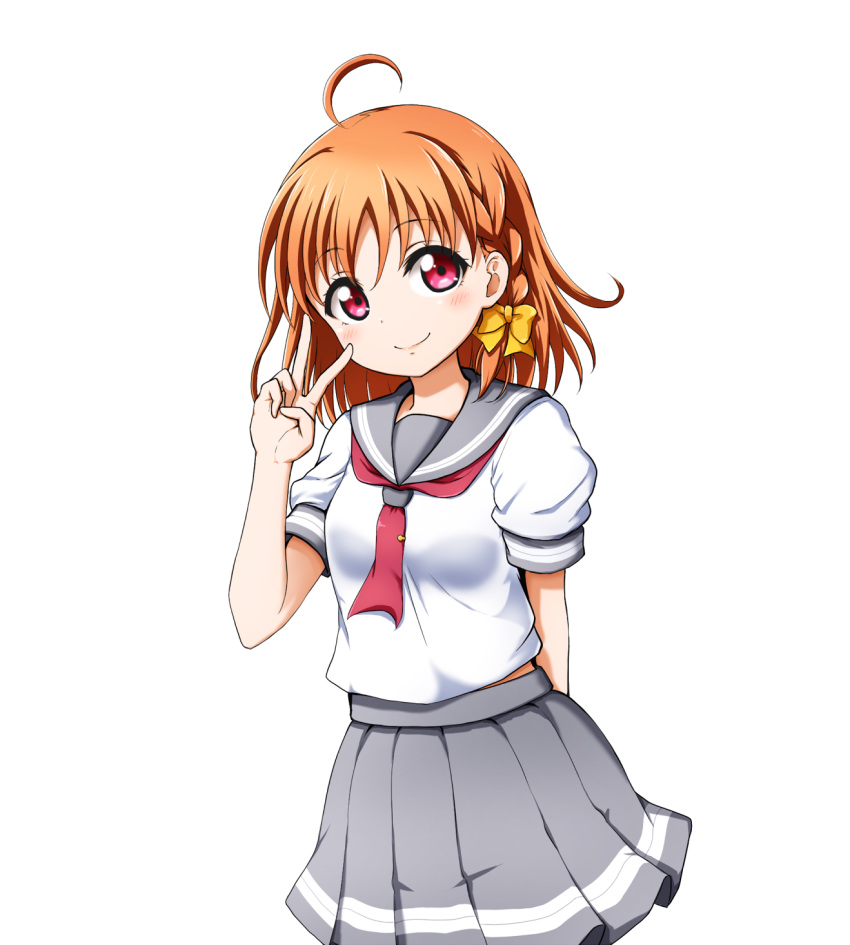 1girl ahoge bangs blush bow braid breasts closed_mouth eyebrows_visible_through_hair grey_sailor_collar grey_skirt hair_between_eyes hair_bow hand_up highres kuena looking_at_viewer love_live! love_live!_school_idol_project orange_hair pleated_skirt puffy_short_sleeves puffy_sleeves red_eyes red_neckwear sailor_collar school_uniform serafuku shirt short_sleeves simple_background skirt small_breasts smile solo takami_chika v white_background white_shirt yellow_bow