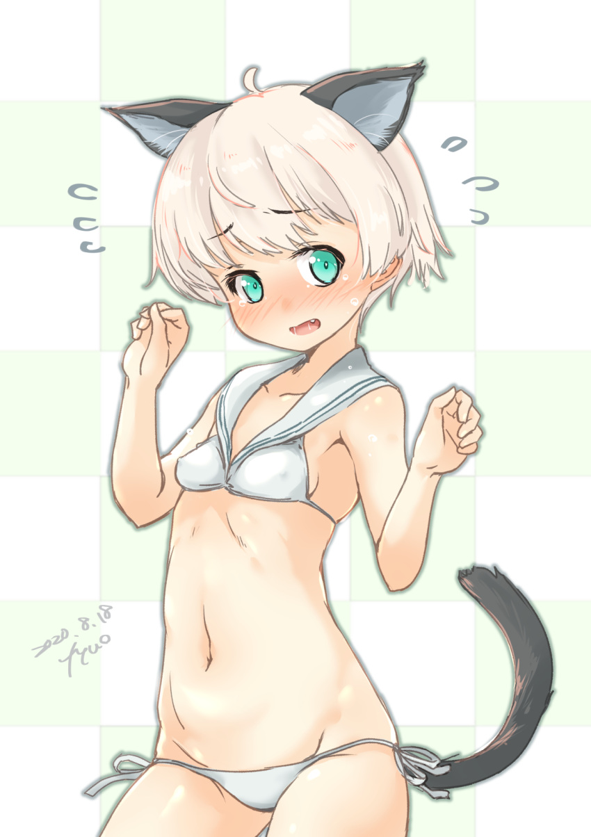 1girl animal_ears bikini breasts cat_ears cat_tail cowboy_shot fyuo green_eyes highres kantai_collection looking_at_viewer lowleg lowleg_bikini sailor_bikini sailor_collar short_hair side-tie_bikini silver_hair small_breasts solo swimsuit tail white_bikini white_sailor_collar z1_leberecht_maass_(kantai_collection)