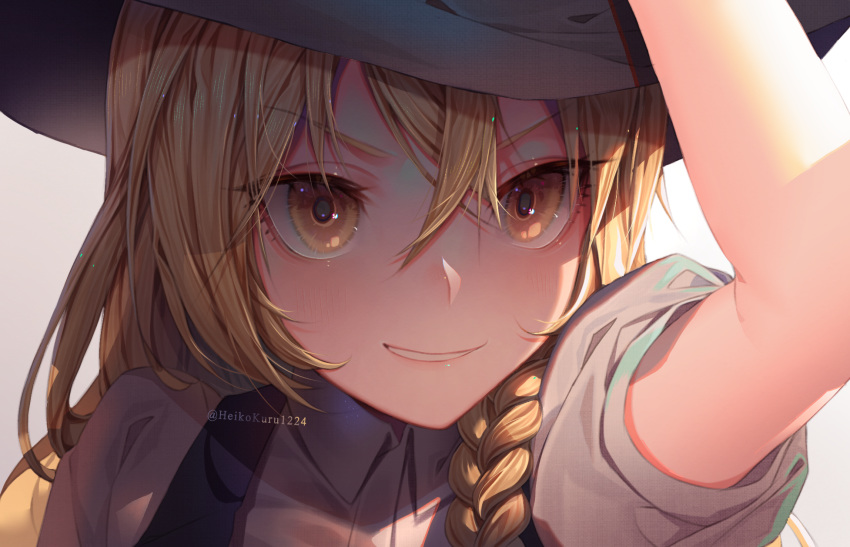 1girl bangs black_headwear blonde_hair braid collared_shirt dress_shirt eyebrows_visible_through_hair grin hair_between_eyes hat heikokuru1224 highres kirisame_marisa long_hair portrait shiny shiny_hair shirt short_sleeves single_braid smile solo touhou twitter_username v-shaped_eyebrows white_background wing_collar yellow_eyes