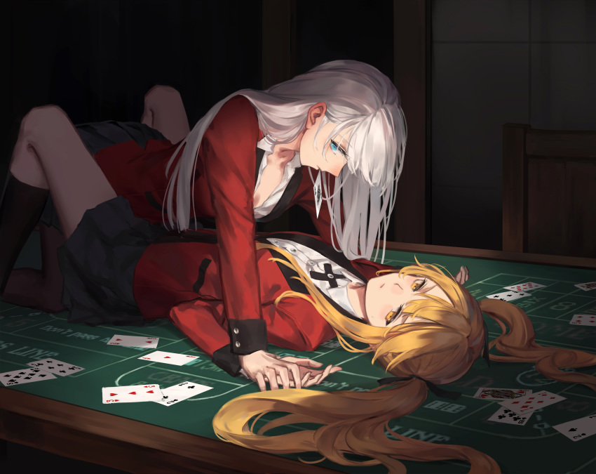 2girls absurdres ace_of_spades bamboo_nima blonde_hair blue_eyes card card_in_mouth chair commentary_request girl_on_top hair_ribbon highres holding_hands indoors jack_of_spades jacket kakegurui long_hair looking_to_the_side lying momobami_ririka mouth_hold multiple_girls on_back playing_card poker_table queen_of_hearts_(card) red_jacket ribbon saotome_meari school_uniform silver_hair skirt socks twintails unbuttoned unbuttoned_shirt yellow_eyes yuri